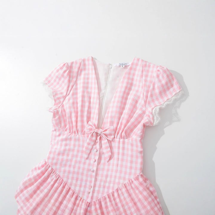 Checkered dress for women with a playful waist belt and ruched details Lune London