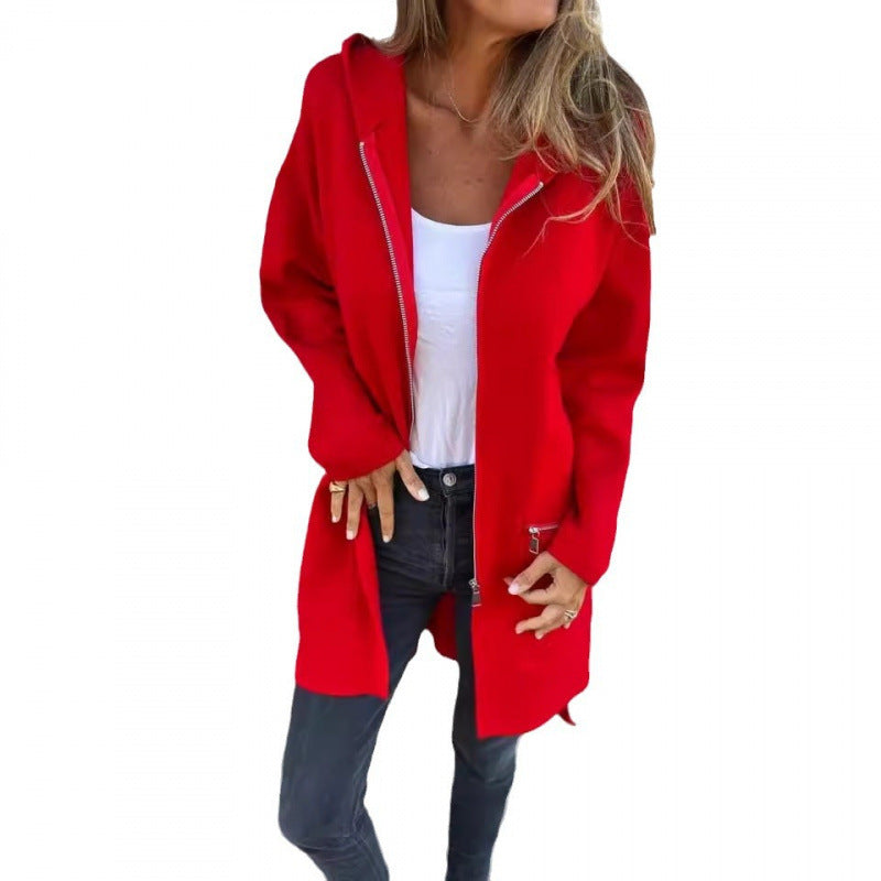Women’s Hooded Long Cardigan with Full Zip and Decorative Pockets Amarae