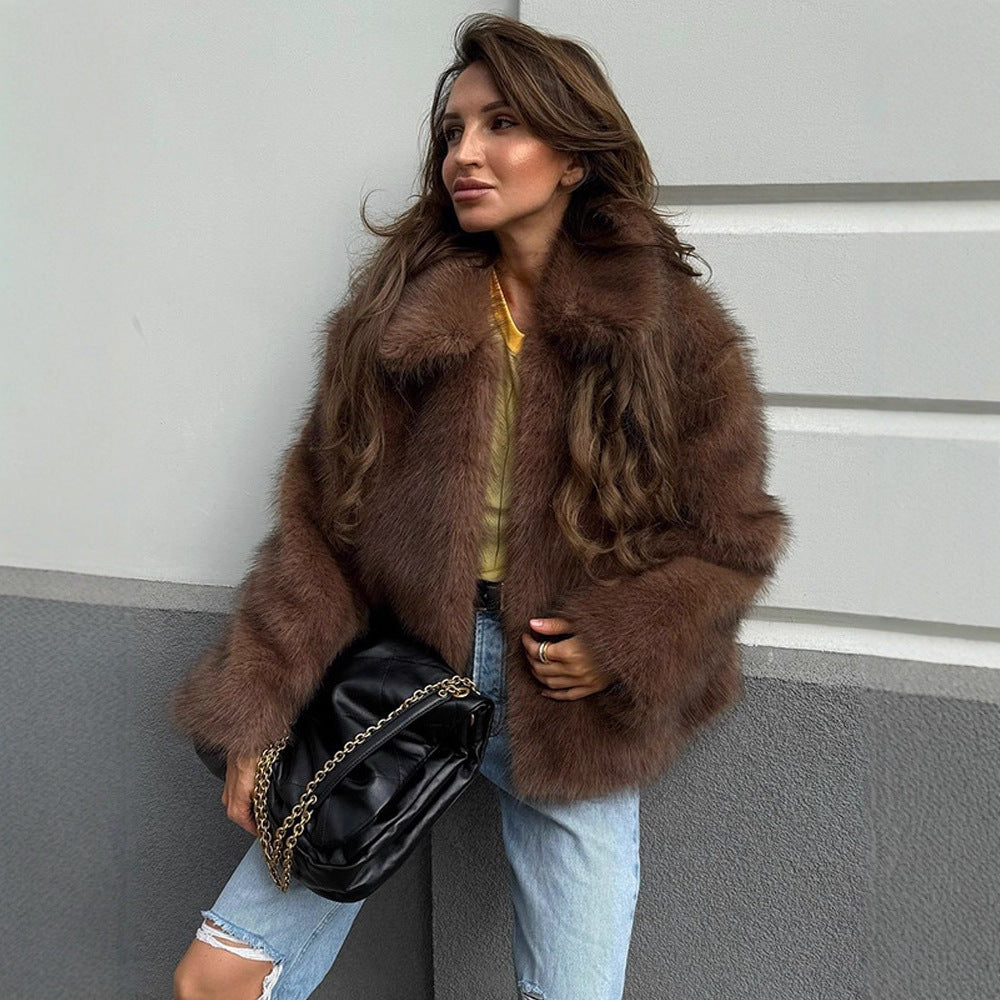 Women's Short Cut Voluminous Faux Fur Coat with Wide Shawl Collar Amarae