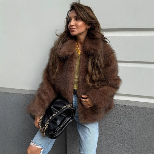 Women's Short Cut Voluminous Faux Fur Coat with Wide Shawl Collar Amarae
