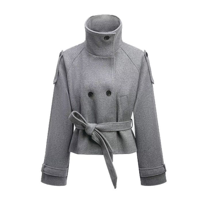 Women's Cropped Wool Blend Short Coat with High Stand-up Collar, Epaulettes, and Waist Belt Amarae