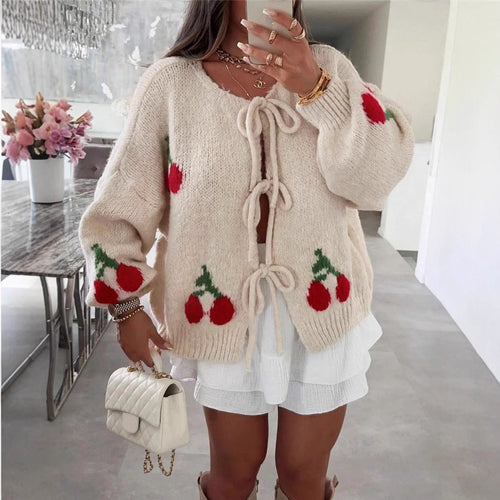 Women's knitted jacket with playful cherry pattern and decorative bows Amarae
