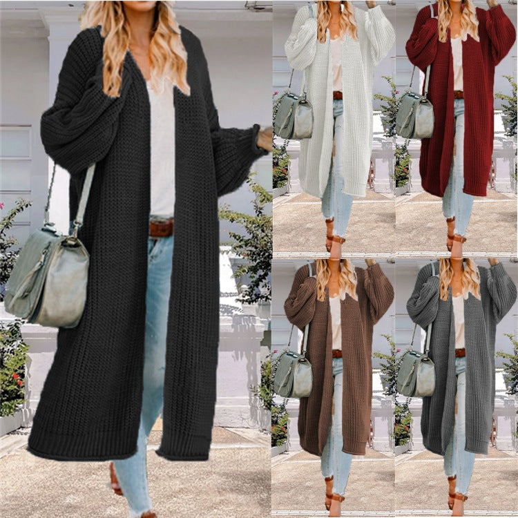 Ladies Long Knit Cardigan with Wide Sleeves and a Chic Textured Design