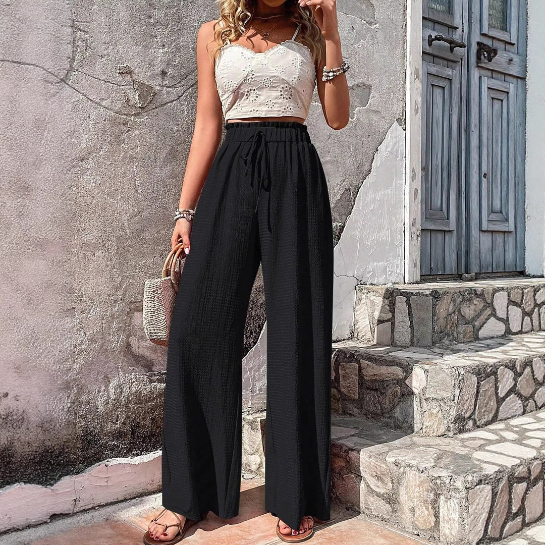 Women Lightweight Palazzo Pants with Crinkle Texture, High Smocked Waist and Drawstring Amarae