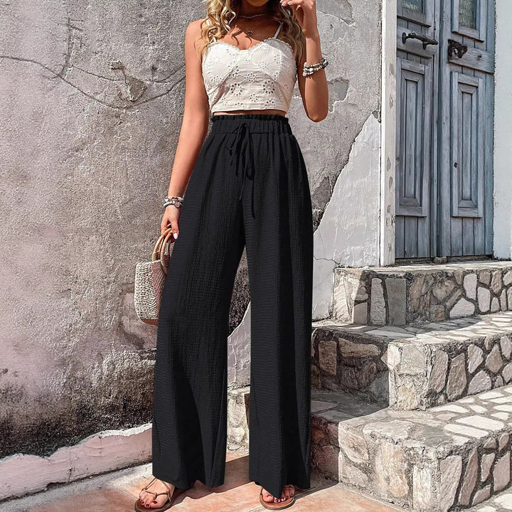 Women Lightweight Palazzo Pants with Crinkle Texture, High Smocked Waist and Drawstring Amarae