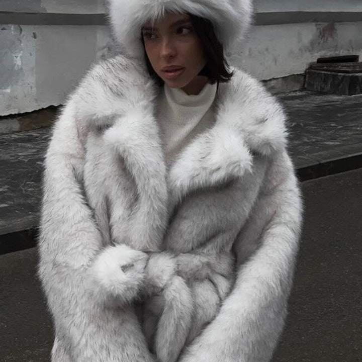 Women Voluminous Short Coat made of Faux Fur with Waist Belt and Oversized Shawl Collar Amarae