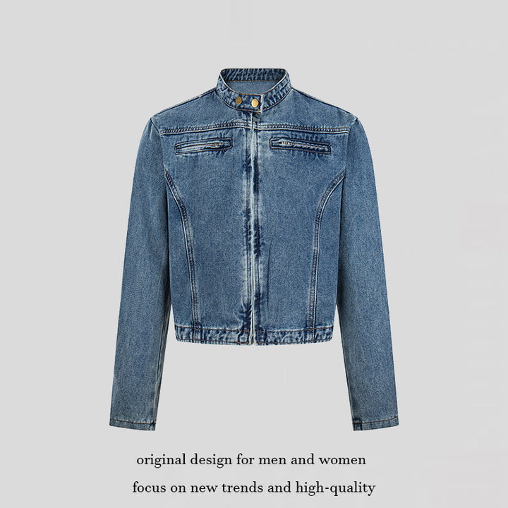 Women's short tailored denim jacket with stand-up collar and hidden zipper Amarae