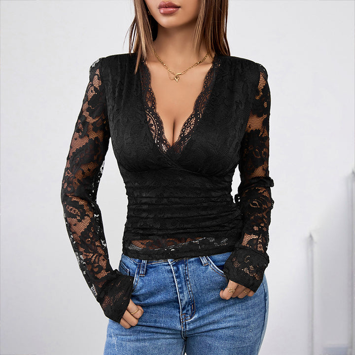Women's long sleeve top with V lace design Lune London