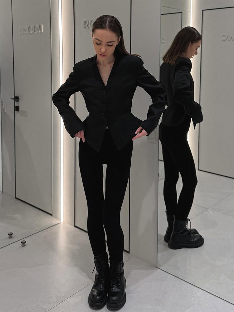 Women's peplum blazer with mandarin-like neckline and decorative knot fastenings Amarae