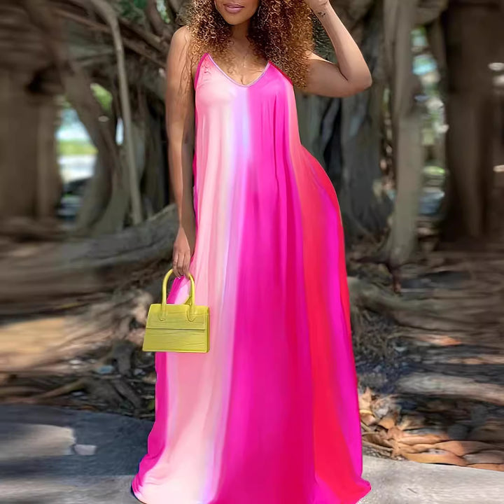 Maxi dress for women with fluid color gradient and delicate spaghetti straps Lune London