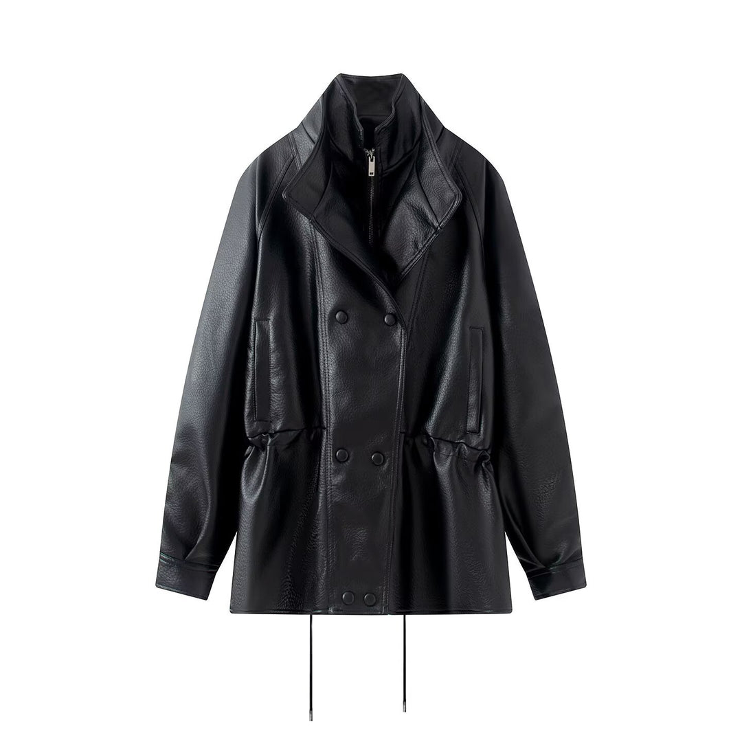 Women Oversized Double-Breasted Faux Leather Coat with Drawstring and Stand-Up Collar Amarae
