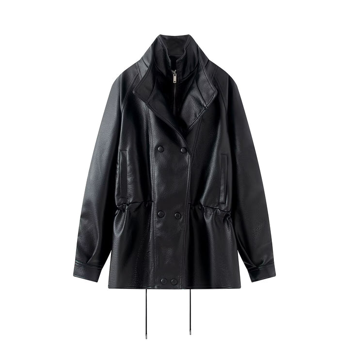 Women Oversized Double-Breasted Faux Leather Coat with Drawstring and Stand-Up Collar Amarae