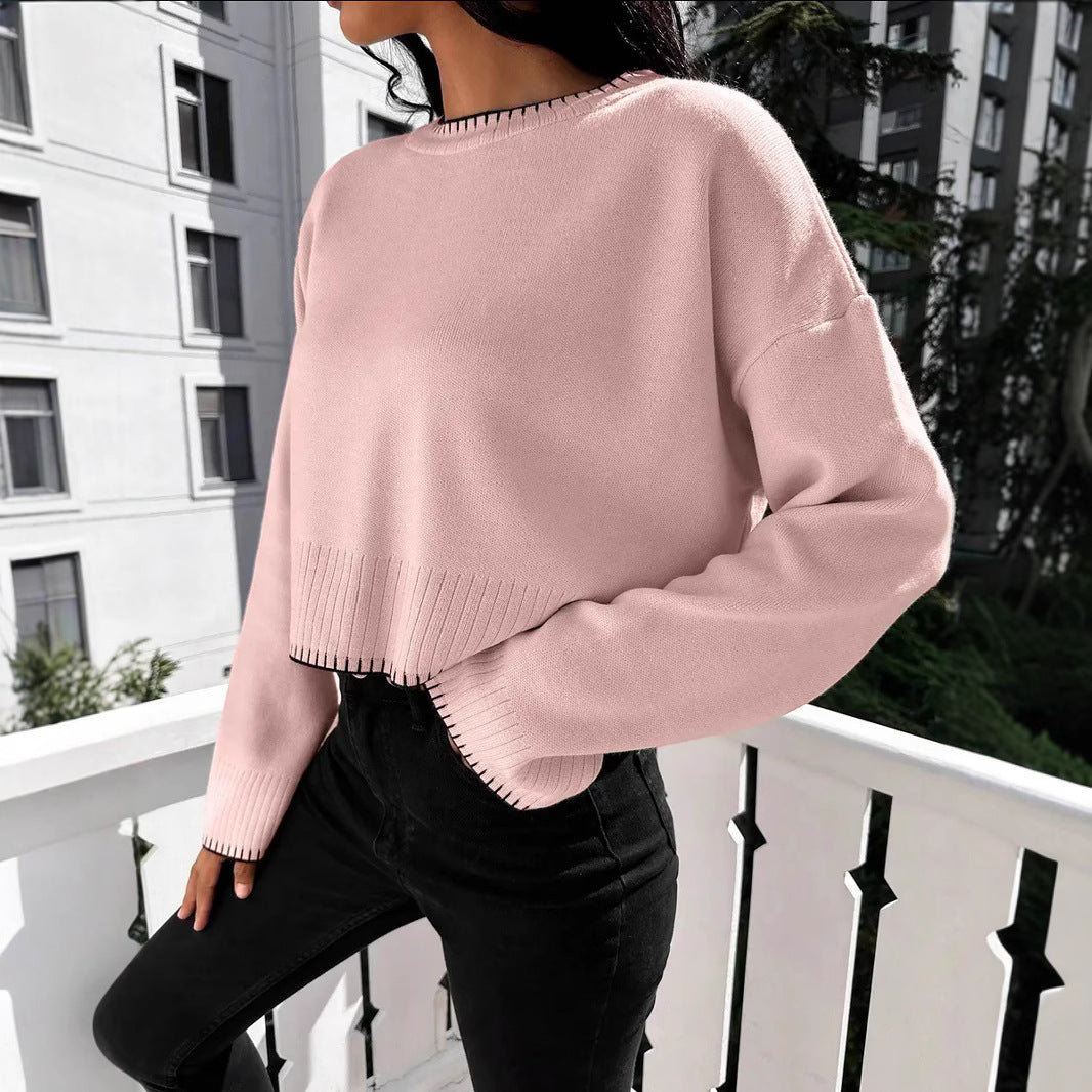 Cropped knit sweater for women with round neckline and ribbed details Lune London