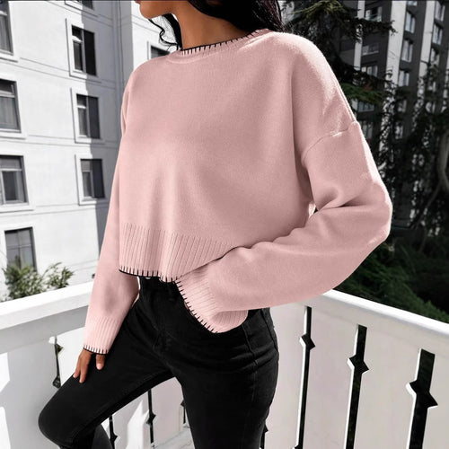 Cropped knit sweater for women with round neckline and ribbed details Amarae