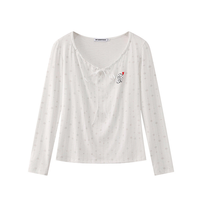 Women's long-sleeve shirt with lacing at the neckline, fine star jacquard, and heart emblem Amarae