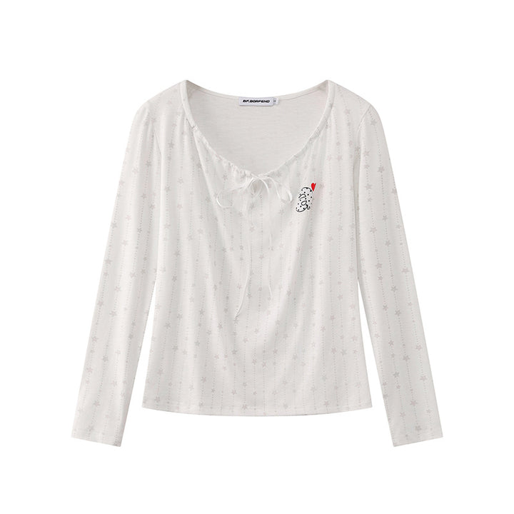 Women's long-sleeve shirt with lacing at the neckline, fine star jacquard, and heart emblem Amarae