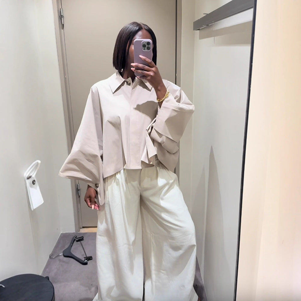 Women's Boxy Cropped Shirt Blouse with Wide Batwing Sleeve and Fine Tuck Amarae