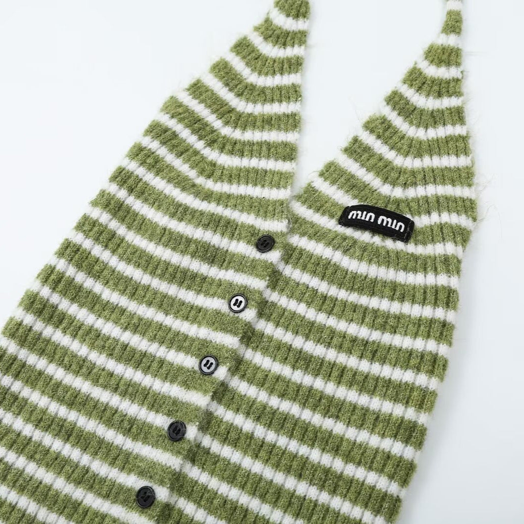 Women's Oversized Knit Cardigan with Balloon Sleeves and Striped Trim Button Placket Amarae