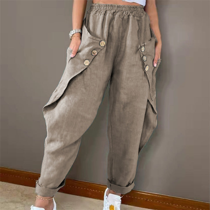 Women Casual Chino Pants with Button-Adorned Pockets Lune London