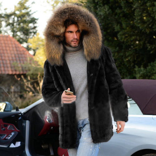 Luxurious faux fur coat for men with voluminous collar and zippered pockets Amarae