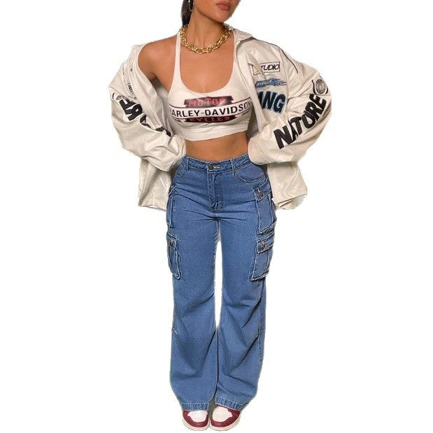 Women's Cargo Denim Pants with Wide Leg, High Waist & Multifunctional Flap Pockets Amarae