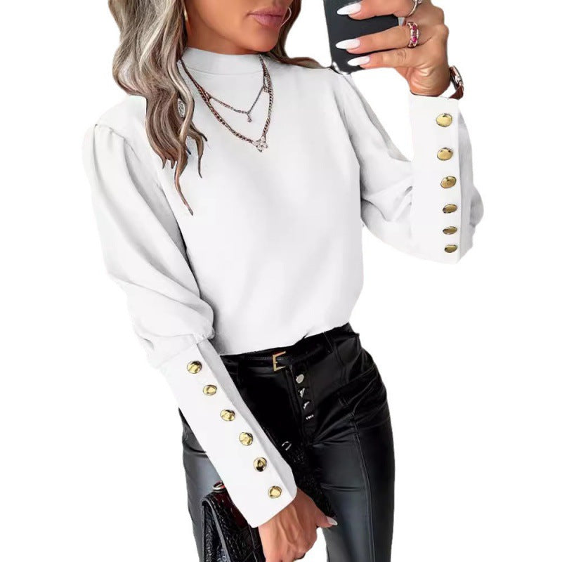 Elegant blouse for women with puff sleeves and golden button details Lune London