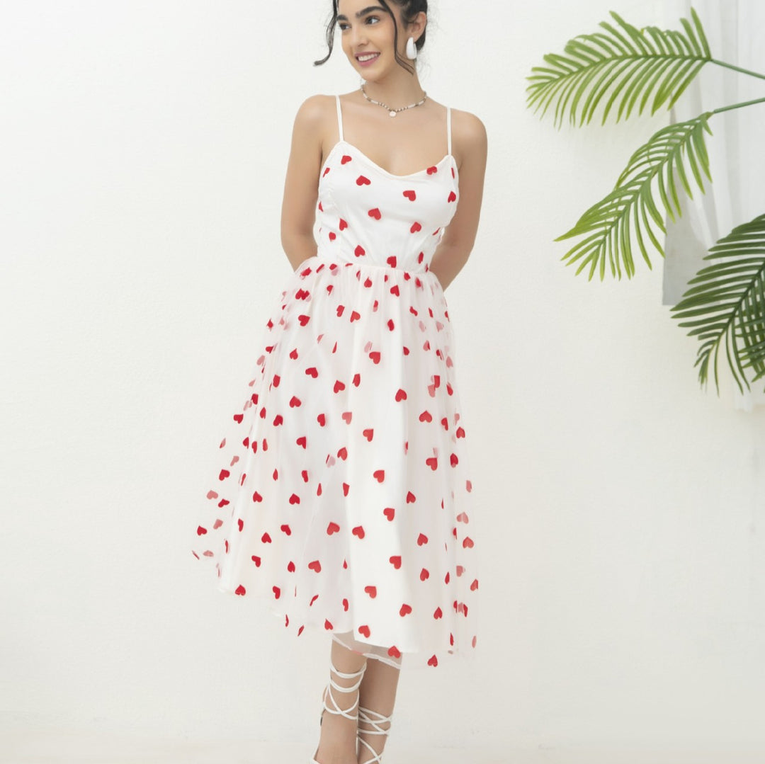 Women's romantic A-line dress with heart motif and adjustable straps Lune London