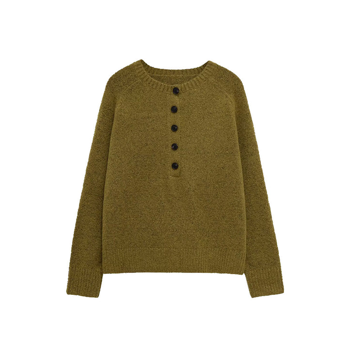Women's Boucle Pullover with Henley Button Placket and Raglan Sleeves Amarae