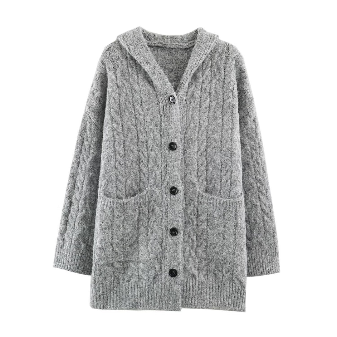 Women's Long Knitted Hooded Cardigan with Cable Pattern and Button Placket Amarae