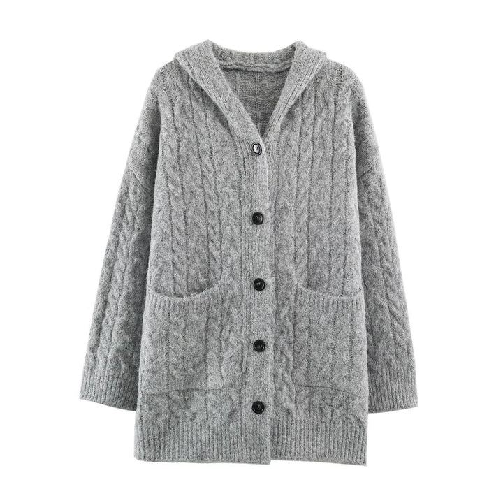 Women's Long Knitted Hooded Cardigan with Cable Pattern and Button Placket Amarae