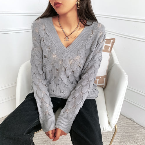 Ladies lightweight knit V-neck sweater with transparent hole pattern Amarae