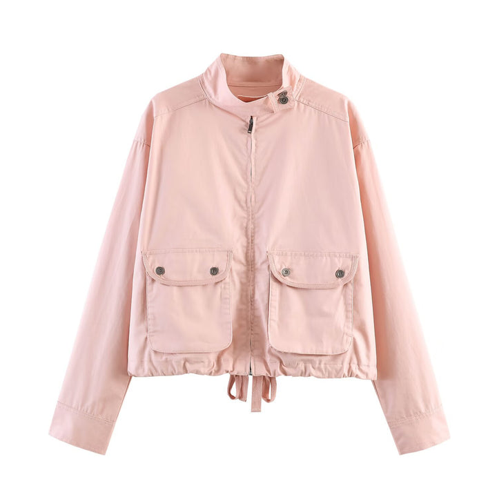 Women Lightweight Cropped Field Jacket with Stand-up Collar, Drawstring and Flap Pockets Amarae
