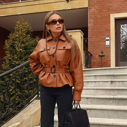 Faux leather jacket for women with fitted cut and belt Amarae