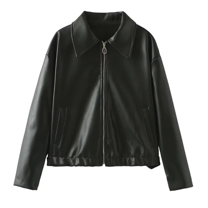Trendy faux leather jacket for women with oversized collar Lune London