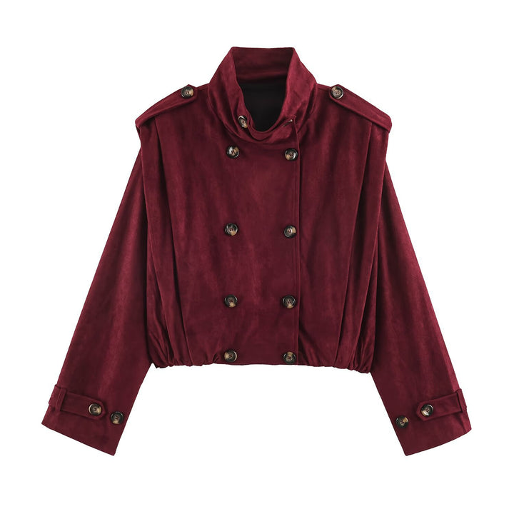 Women's Short-Cut Double-Breasted Suede-Look Bomber with Stand-Up Collar and Shoulder Patches Amarae