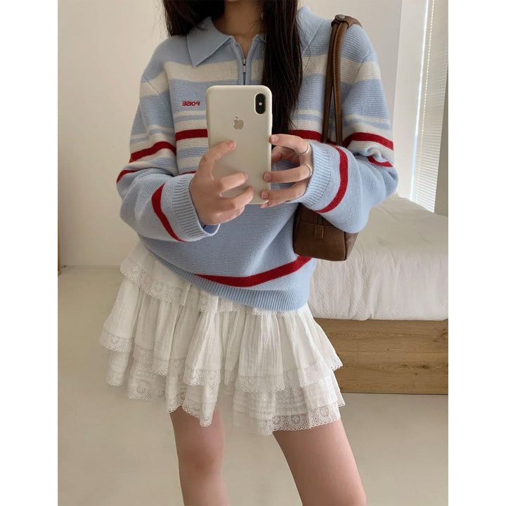 Casual knit sweater for women with half-zip and trendy striped pattern Lune London