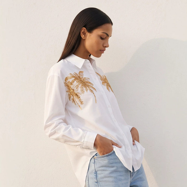 Women's shirt blouse with sequin palm appliqué, oversized cut & classic collar Amarae
