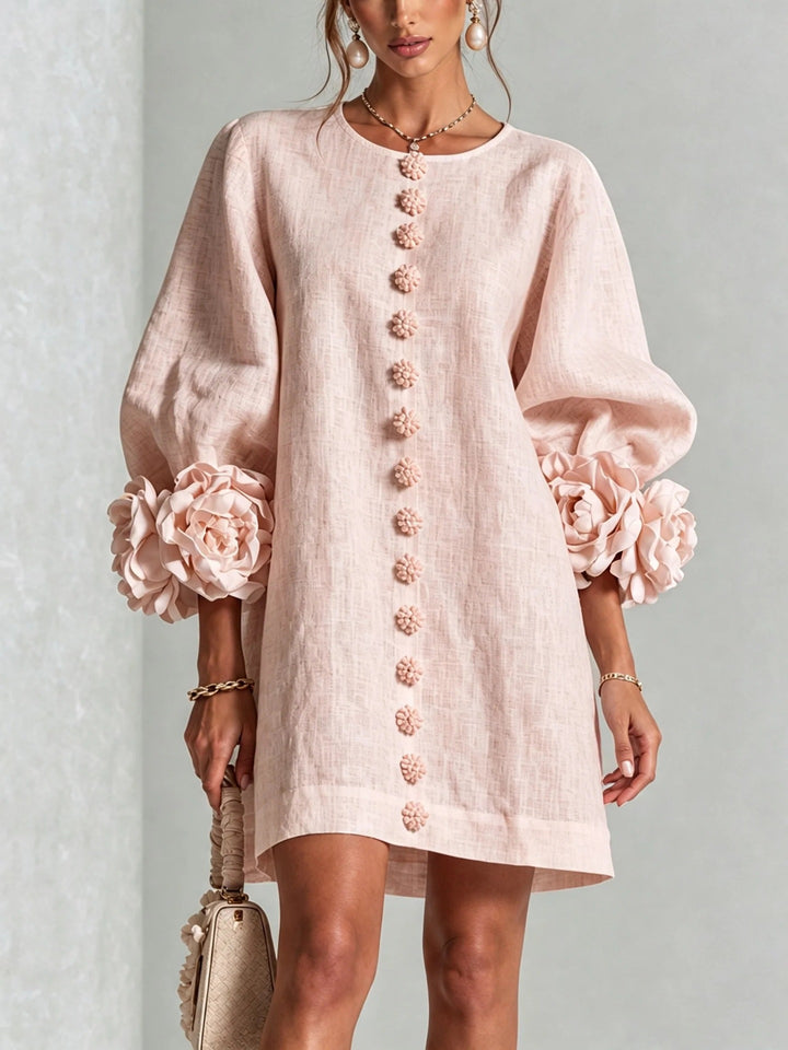 Ladies linen dress in A-line cut with balloon sleeves and 3D flower decoration Amarae