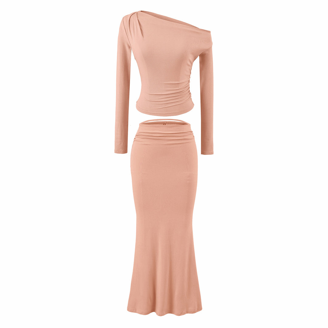 Women's One-Shoulder Two-Piece Set with Ruched Crop Top and Fitted Maxi Skirt Amarae