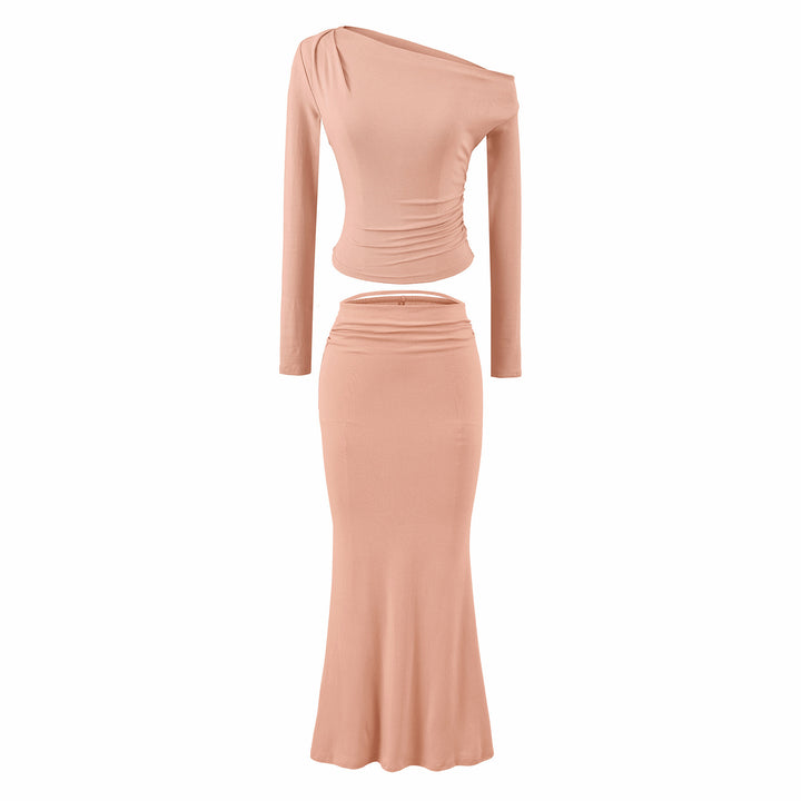 Women's One-Shoulder Two-Piece Set with Ruched Crop Top and Fitted Maxi Skirt Amarae