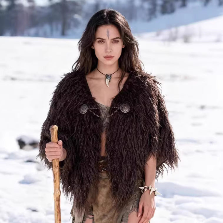 Ladies Viking-inspired Faux-Fur Cape with rustic fringe look and shoulder drape Amarae