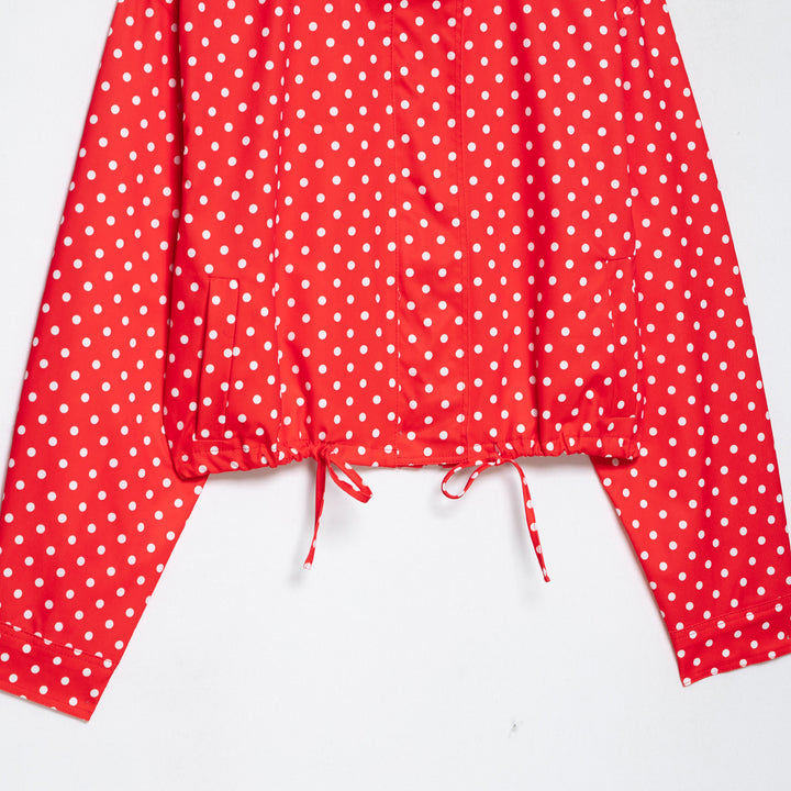 Women's Polka Dot Cropped Rain Jacket with Stand Collar and Drawstring Hood