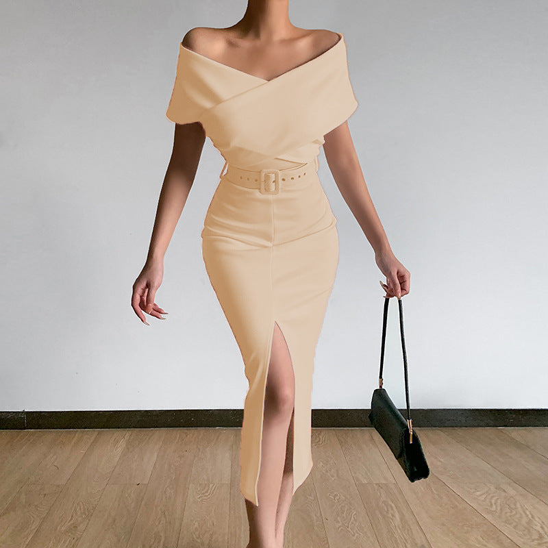 Midi dress for women fitted with bardot neckline and side slit Lune London