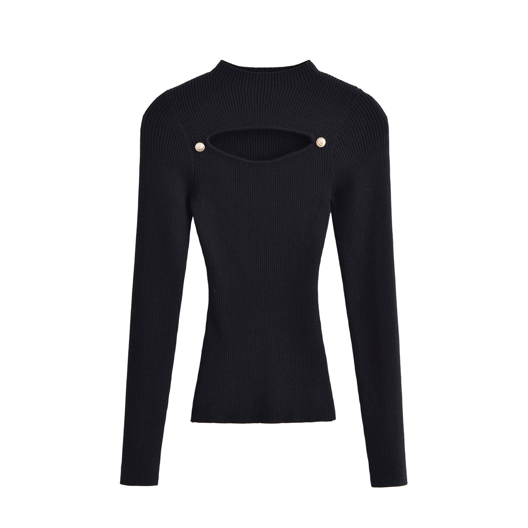 Women's Ribbed Stretch Fine Knit Sweater with Chest Cut-Out and Decorative Buttons Amarae