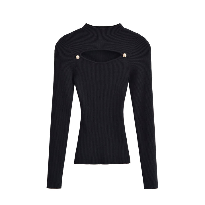 Women's Ribbed Stretch Fine Knit Sweater with Chest Cut-Out and Decorative Buttons Amarae