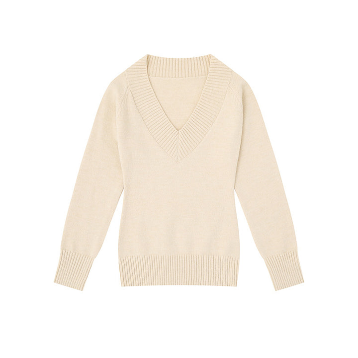 Women's fine knit pullover with deep V-neck, wide ribbed hem, and relaxed fit Amarae