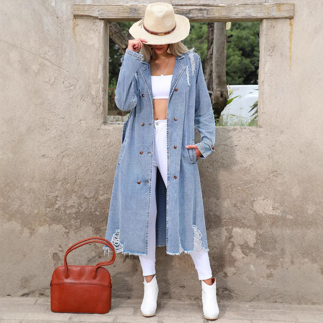 Women's Long Denim Trench Coat with Distressed Hem and Double-Breasted Button Placket Amarae