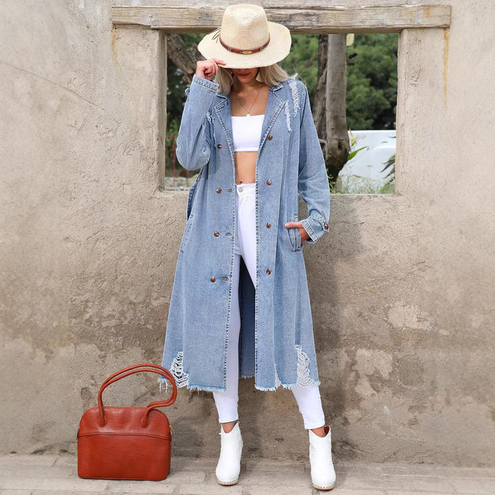 Women's Long Denim Trench Coat with Distressed Hem and Double-Breasted Button Placket Amarae