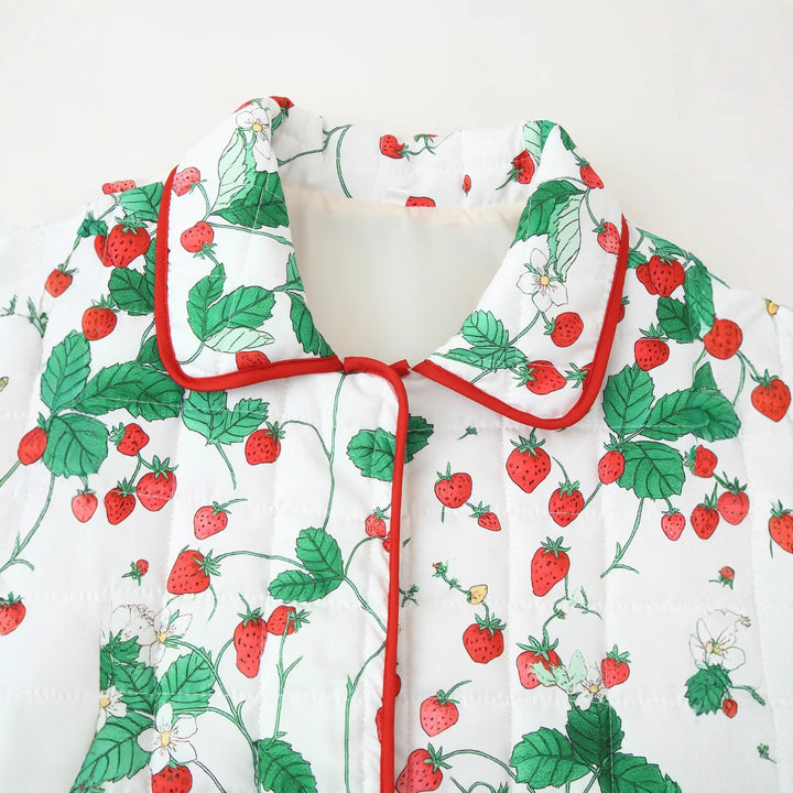 Quilted jacket for women with a cheerful strawberry pattern and practical pockets Lune London