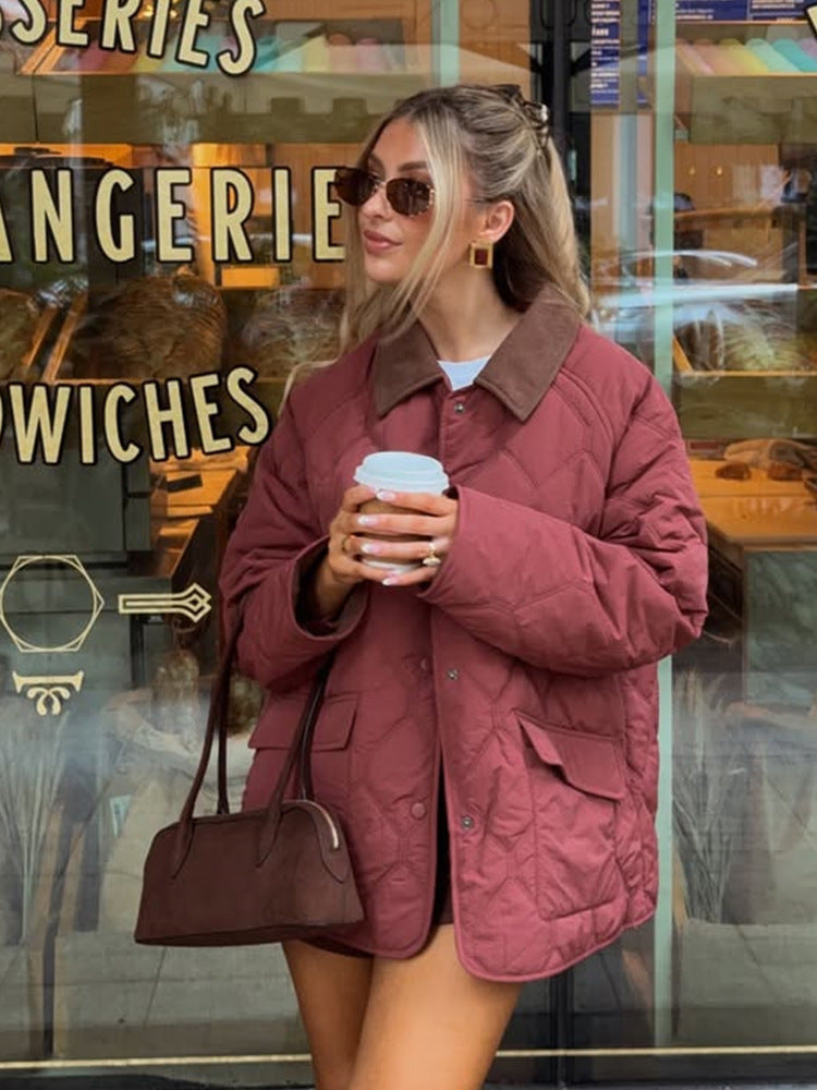 Women's quilted oversized jacket with cord collar, snap button closure and patch flap pockets Amarae